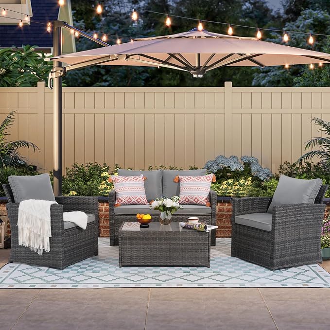 JOIVI Patio Furniture Set, 4 Piece Outdoor Patio Conversation Set, All-Weather PE Rattan Wicker Sectional Patio Sofa Set with Tempered Glass Coffee Table, Light Gray