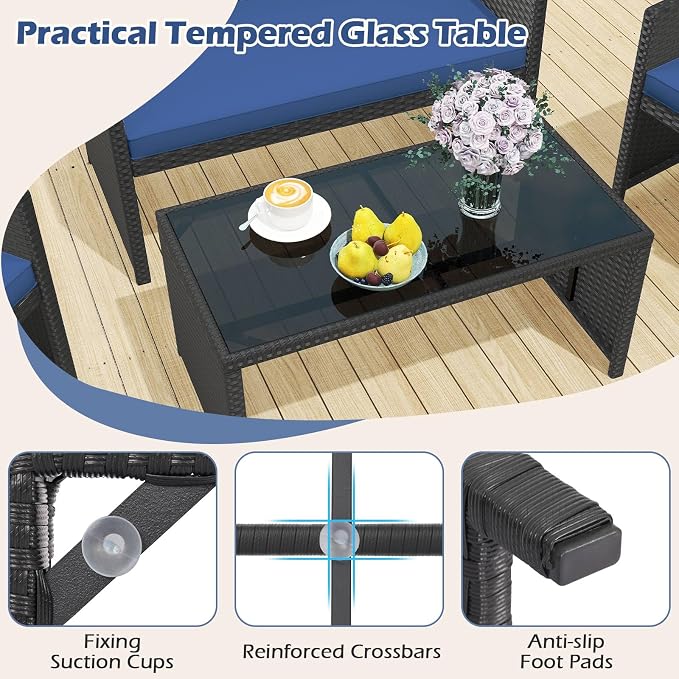 RELAX4LIFE 4-Piece Patio Furniture Set - Wicker Rattan Outdoor Sectional Sofa Set w/Glass Coffee Table, Loveseat, 2 Chairs & Soft Cushions, Bistro Conversation for Garden Porch (1, Black-Navy)