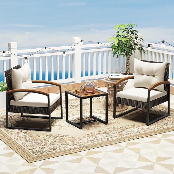 HAPPYGRILL 3 Pieces Patio Wicker Conversation Set with Acacia Wood Table, Outdoor PE Rattan Furniture Set for Poolside Backyard Lawn Garden