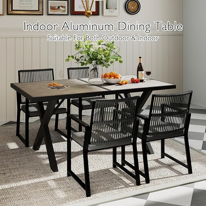 5 Pieces Outdoor Dinning Set Featuring 1 Aluminum Table and 4 Iron Alloy Ratten Chairs Waterproof and Rust-Proof Courtyard Style Table Garden Balcony Poolside, Black 5 Pcs