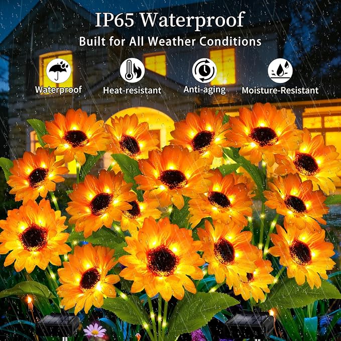 Solar Garden Lights Outdoor, 3 Pack Solar Sunflower Lights with 18 Head 3.45 Inch Flowers, Waterproof Flowers Light Fall Thanksgiving Decorations for Garden Yard Patio Backyard, Gifts for Mom Women