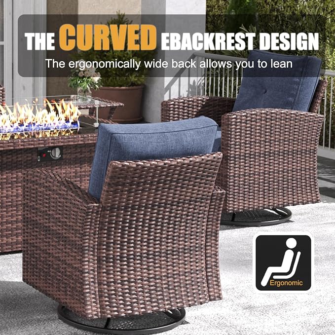 LayinSun 10 Pieces Patio Furniture Set with Swivel Chairs, Rattan Wicker Rocking Glide Chairs with 44" Propane Gas Fire Pit Table Conversation Set