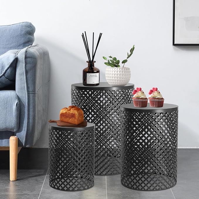 3PCS Outdoor Side Table, Cylindrical Metal Frame Accent Table, Nested Modern End Table Patio Side Tables for Gardens, Balconies, Bedrooms, Black