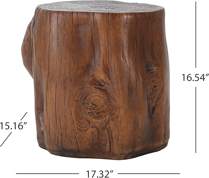 GDFStudio Realistic Tree Stump Side Table, Lightweight Concrete End Table for Indoor & Outdoor, Rustic Wood-Look Stool, Multi-Purpose Plant Stand, Weather-Resistant Accent Table, Dark Brown+Wood