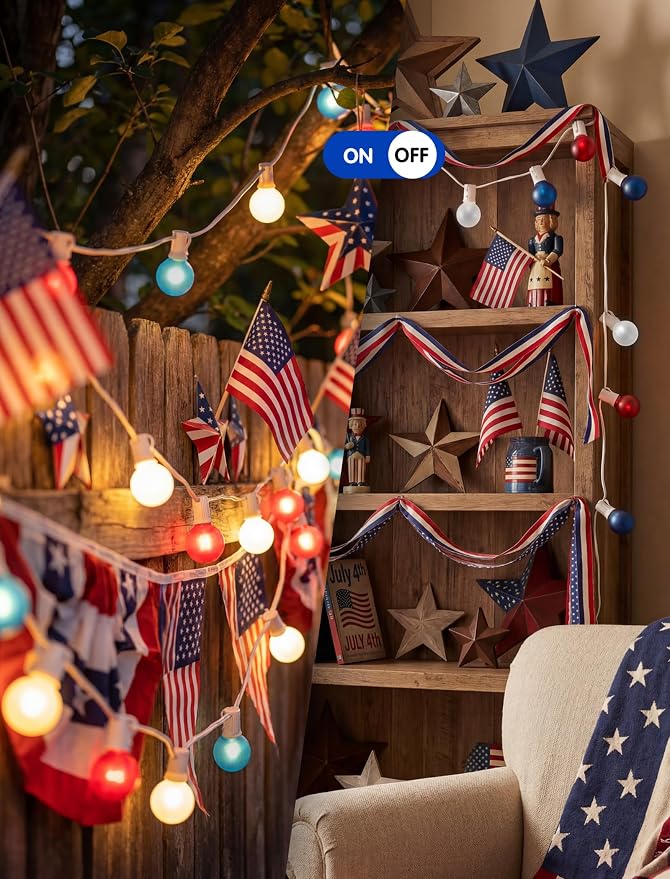 SUNSGNE 25FT G40 Red White and Blue String Lights Outdoor, Frosted Globe 4th of July Lights, Waterproof Connectable Patriotic Light for July 4th Independence Day, Memorial Day