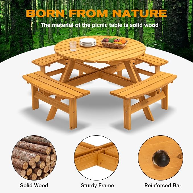 8 Person Wooden Picnic Table, Outdoor Camping Dining Table with Seat, Garden, DIY w/ 4 Built-in Benches, 2220lb Capacity - Natural
