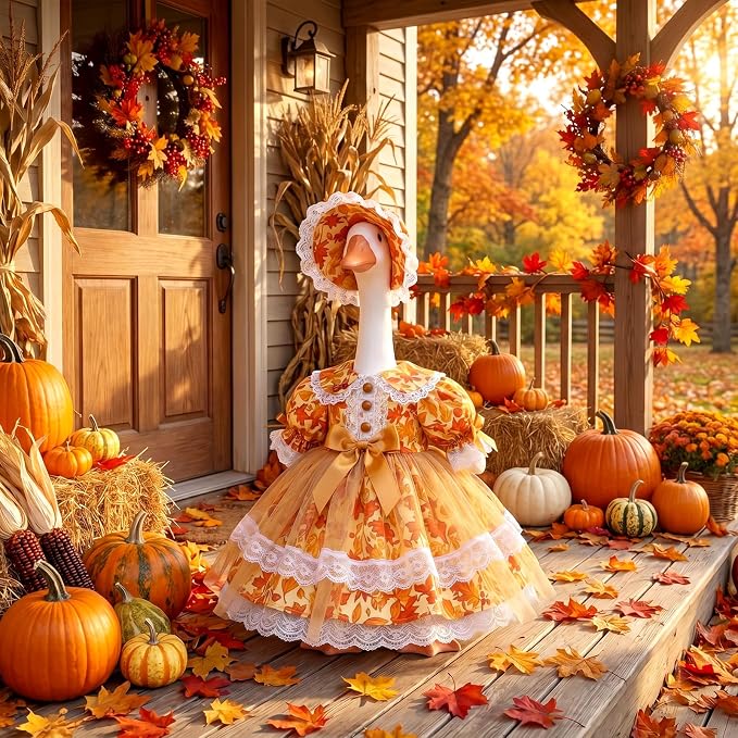 Soulchen Fall Yellow Maple Leaf Porch Goose Outfits for 23 Inch Goose Clothes with Dress and Bonnet for Outdoor Garden Yard Lawn Entrance Decor