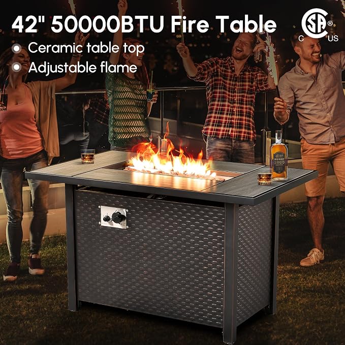 7 Pcs Outdoor Sectional Patio Furniture Set with Fire Pit Table - All Weather Wicker Modular L Shaped Outside Sectional Couch,Patio Seating Outdoor Conversation Sets for Deck Yard Garden,Dark Grey