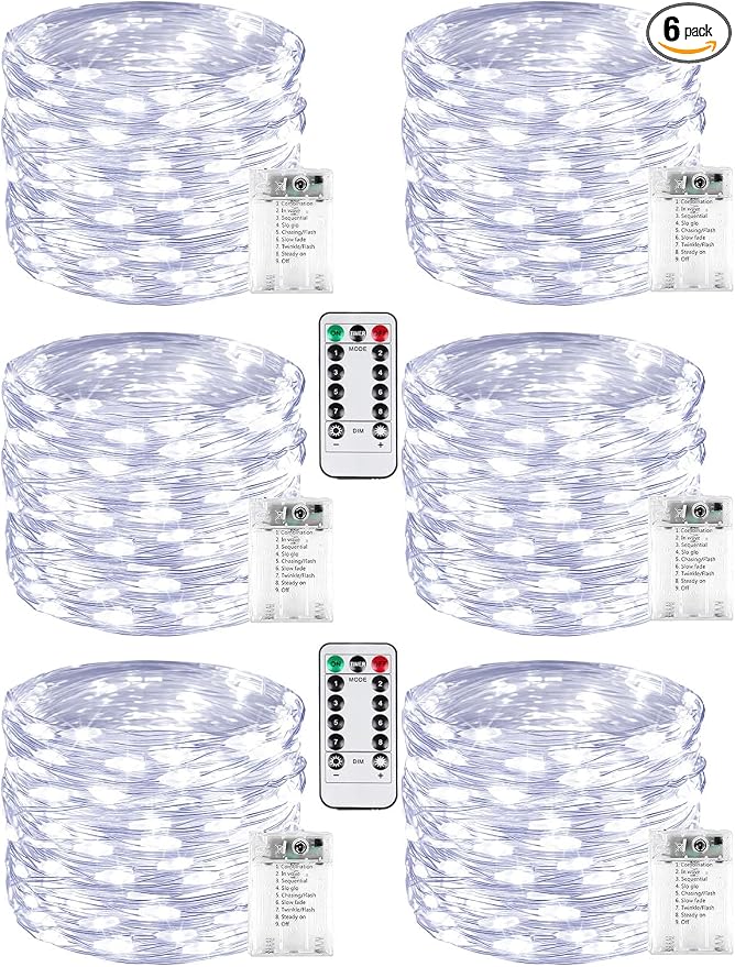 6 Pack 60 LED Fairy Lights Battery Operated with Remote, 20 FT Cool White | Cuttable, 8 Modes, Memory, Dimmable, Waterproof Battery String Lights with Timer for Indoor Outdoor, Christmas Decorations