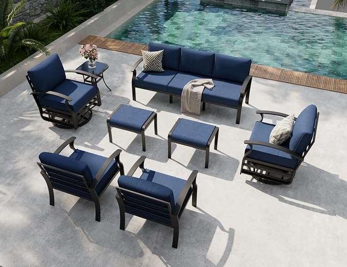 Aluminum Outdoor Patio Furniture Set,7 Seats Patio Conversation Sets with 2 Ottomans,Metal Patio Sectional Furniture Set with 2 Swivel Rocking Chairs,Navy Blue