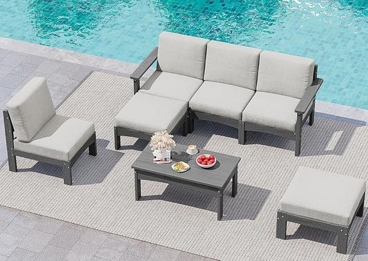 SERWALL 7-Piece Patio Sofa Set, Outdoor Furniture Set, All-Weather HDPE Outdoor Sectional Conversation Set Cushions and Coffee Table, Large Modular Sofas for Garden, Grey Frame with Khaki Cushion