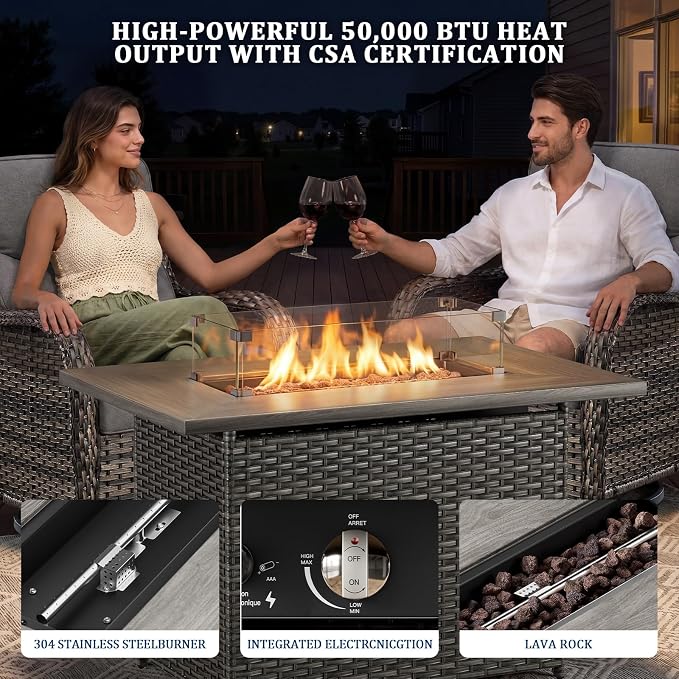 Luxury Swivel Rocker Chairs Fire Pit Set with 6" Thick Cushion 8 piece Wicker Outdoor Patio Chair with Sofa and Side Table,Comfortable High Back Outdoor Patio Furniture Set - Gery | Gery