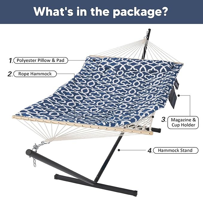 SUNCREAT Hammocks Freestanding 2 Person Hammock with Soft Pillow, Portable Stand, 57 Inch Extra Large Hammock Bag with Zipper, Black