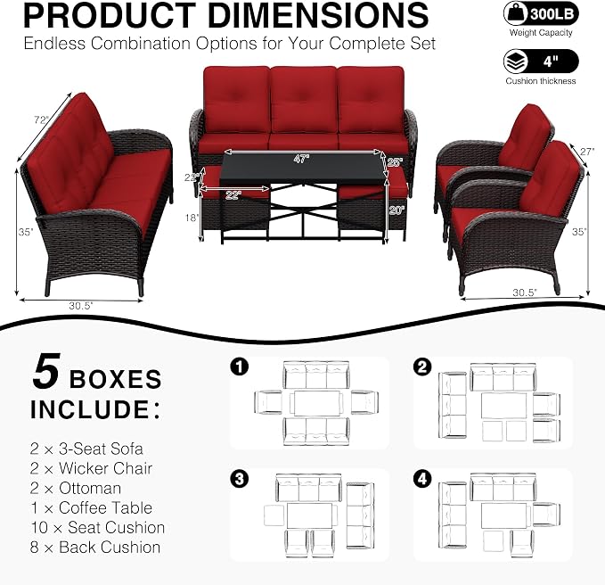 Joyside Wicker Patio Furniture Set, 7 Piece Outdoor Furniture Set with Thickened Cushions, High Back, Deep Seating, Wide Armrest, Rattan Outdoor Chairs for Porch, Deck