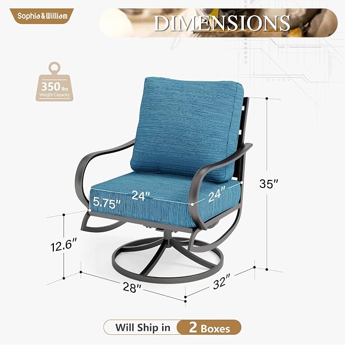 Sophia & William 2 Pieces Patio Furniture Sets Metal Sofa Chairs Patio Cushion Armchairs Swivel Sofa Chairs with Removable Cover for Garden Backyard Poolside Peacock Blue
