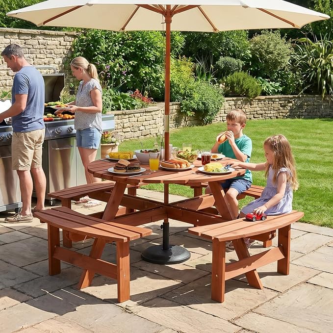 VINGLI 8-Person Wood Picnic Table Outdoor Round Picnic Table with Umbrella Hole and 4 Built-in Benches, Outdoor Dining Tables and Chairs 500 LBS Bench Capacity (Brown, Round)