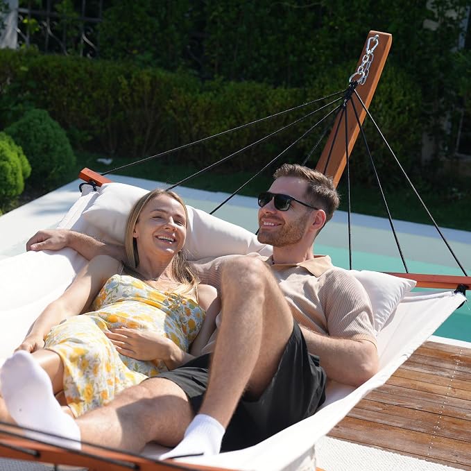 Lazy Daze Hammocks 12FT Quilted Double Hammock with V-Spreader Bar, 2 Person Portable Hammock with Nylon Rope, Side Pocket and Pillow, 450lbs Capacity, Includes Carry Bag for Outside, Natural