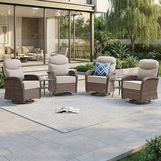 Outdoor Swivel Rocking Chair Patio Set (6PCS), High-Back - Thick Cushion Swivel Rocking Chair Patio Set, All-Weather Wicker Patio Furniture Set, Suitable for Balcony Patios, Brown/Beige