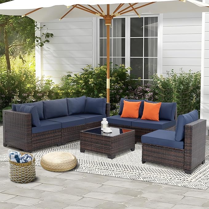 FHFO 7 Piece Outdoor Wicker Patio Furniture Set, Brown/Blue | Sectional Sofa | All-Weather Hand-Woven Rattan | Tempered Glass Coffee Table | Free Combination | Indoor & Outdoor Use