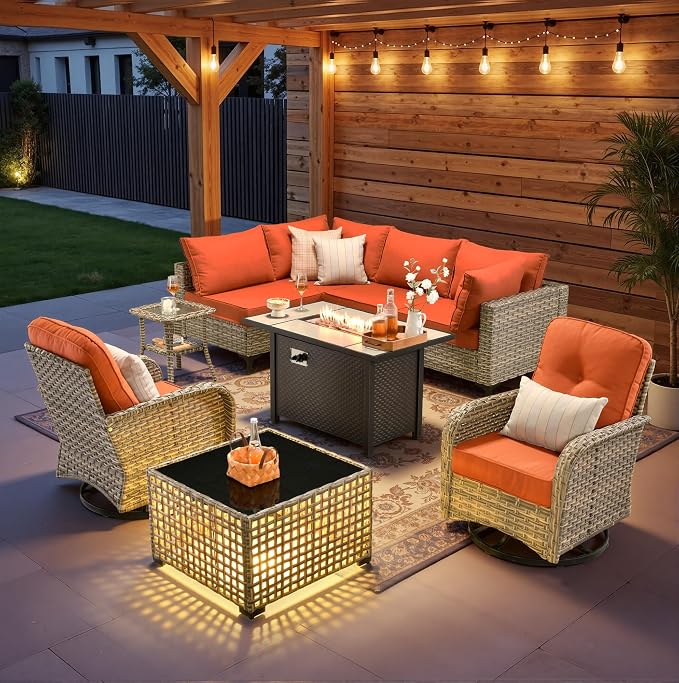 9 Pieces Patio Sectional Furniture Set, Outdoor Wicker Sectional Couch with Firepit Swivel Rocker Chairs Solar Lights Table, Modern Conversation Set for Porch Balcony Backyard, Red