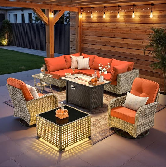 9 Pieces Patio Sectional Furniture Set, Outdoor Wicker Sectional Couch with Firepit Swivel Rocker Chairs Solar Lights Table, Modern Conversation Set for Porch Balcony Backyard, Red