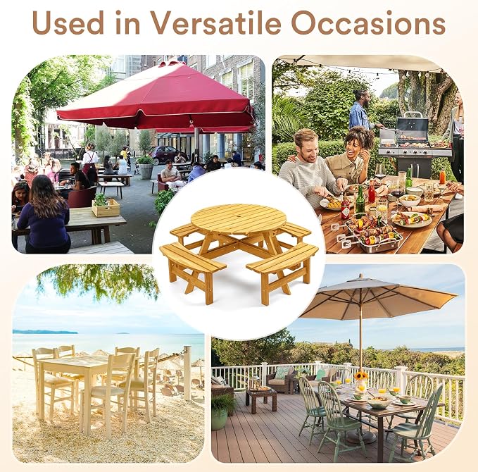Zevemomo 8 Person Wood Picnic Table, Round Tabletop with Umbrella Hole, 4 Built-in Curved Benches, 2220LBS Total Capacity for Patios, Backyard, Light Wood Color