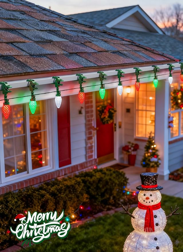 C9 Christmas Lights Outdoor, 102FT 150 LED String Lights with Spring Clips | Waterproof Connectable Commercial Grade Christmas Tree Lights for Outside Roofline Patio Yard Home, Red Green|Pure White