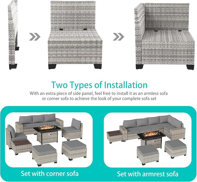 9-Piece Outdoor Patio Furniture Set with 55,000 BTU Fire Pit Table, PE Wicker Rattan Sectional Sofa Patio Conversation Set with Ottomans & Coffee Table, Grey