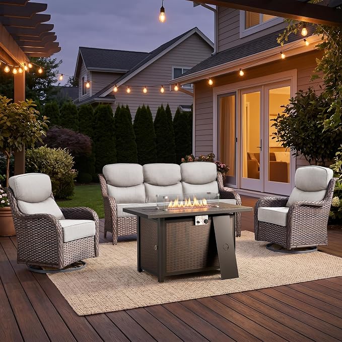 Luxury High Back Outdoor Furniture with 6-inch Extra Thick Cushions, Patio Furniture Set with Fire Pit Table & Swivel Chairs, 4 PCS Wicker Conversation Set for Yard, Deck, Poolside, Brown/Beige