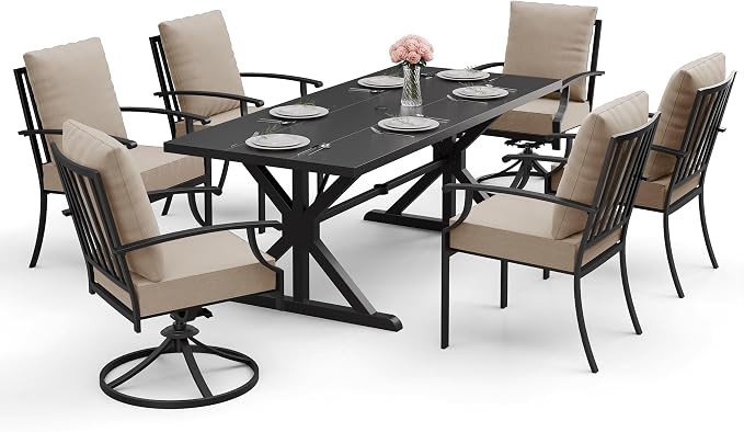 ALAULM 7-Piece Patio Dining Set,Outdoor Metal Dining Set with 2 Swivel Chairs & Rectangle Table with 1.5 Umbrella Hole, Patio Dining Table and Chairs for Backyard,Sand