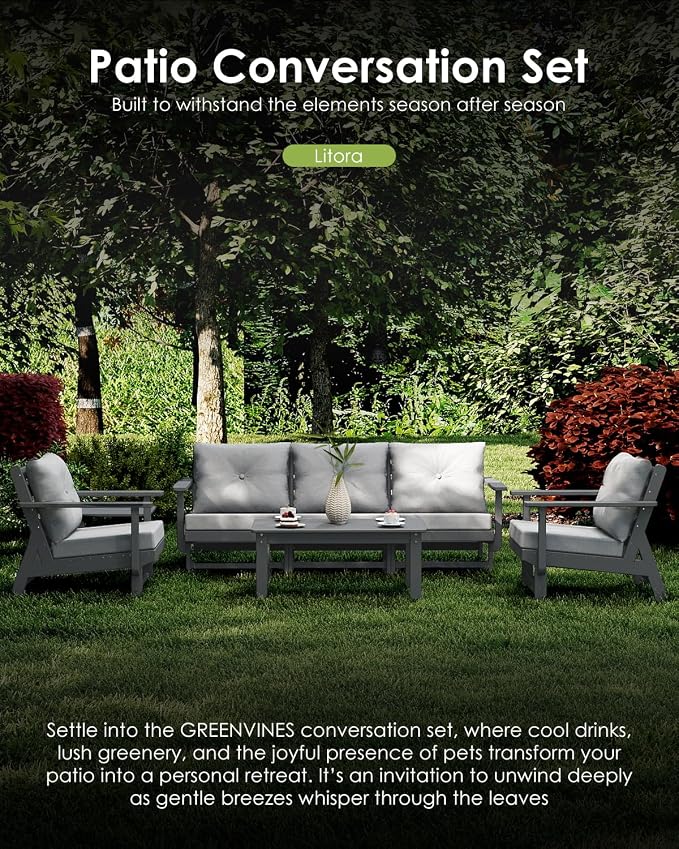 GREENVINES Outdoor-Couch-Set-of-2 | HDPE Plastic | Patio Sectional Conversation Sets | All Weather Couches | Sofa with Detachable Armrests | for Porch Deck Lawn | Gray Frame Light Gray Cushion