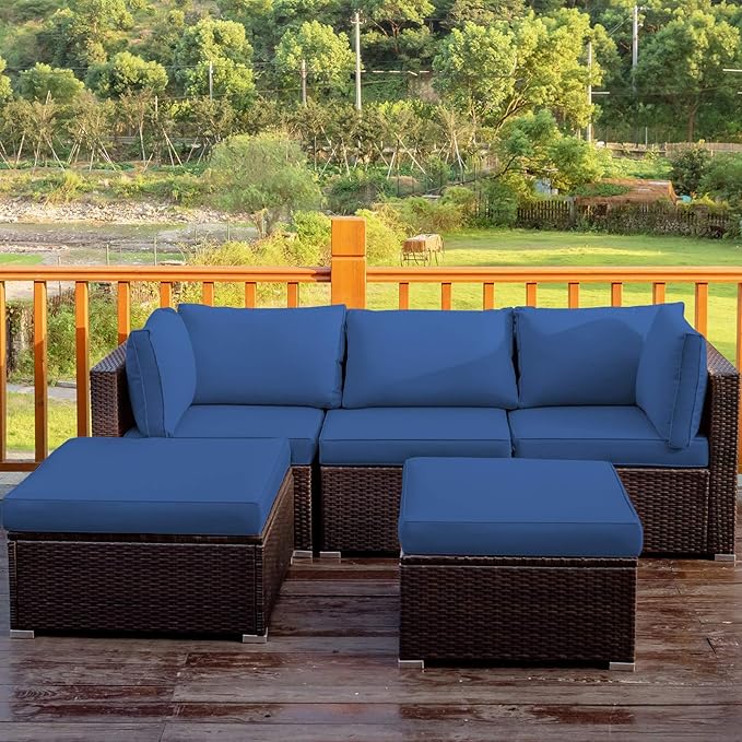 COSTWAY 5-Piece Outdoor Patio Furniture Set, PE Rattan Sectional Conversation Set with Cushions and 2 Ottomans for Garden, Deck, Backyard (Navy)