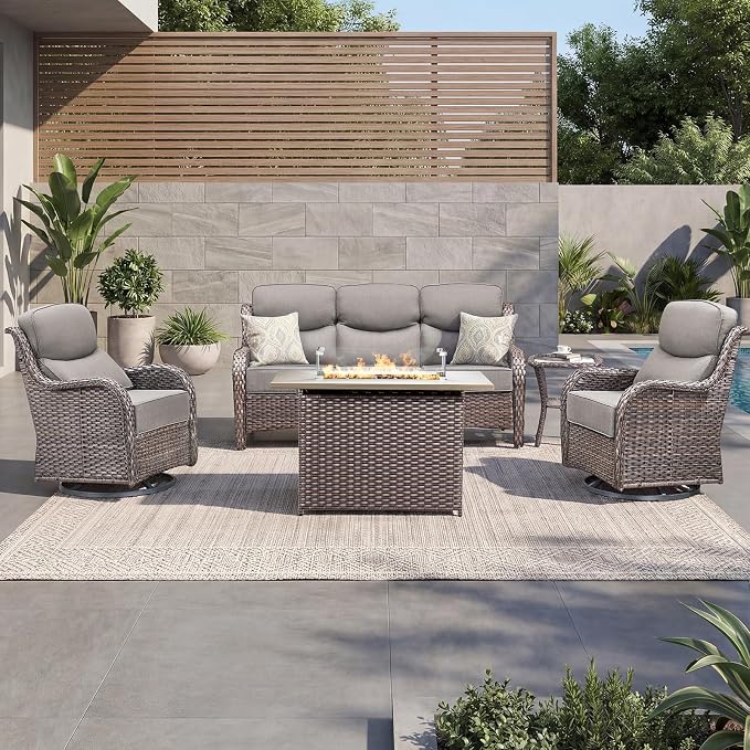 Luxury Patio Furniture Set with 6-inch Thick Cushion, Outdoor Furniture with Fire Pit Table, Swivel Chairs, Side Table, Sofa, 5pcs Wicker Conversation Set for Deck Yard (Brown Wicker | Grey Cushion)