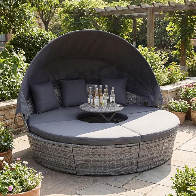 RELAX4LIFE Round Outdoor Daybed with Canopy, Rattan Wicker Sectional Sofa Set w/Cushions, Height Adjustable Table, Conversation Bed Lounger Separated Seating for Outside Pool, Patio Daybed (Grey)