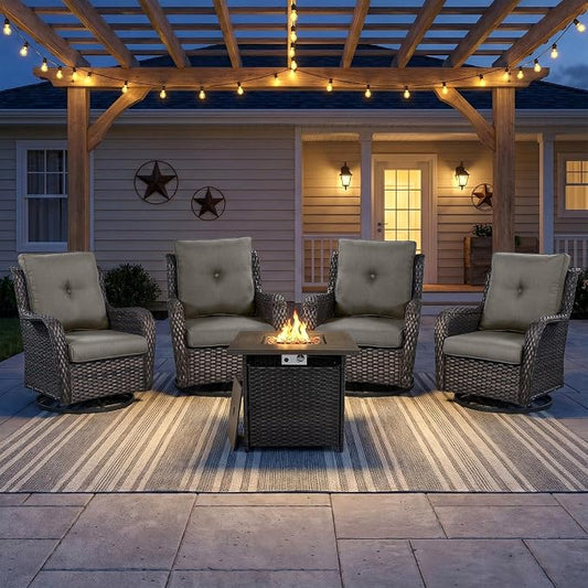 Wicker Patio Furniture Set- 4 Pieces Outdoor Swivel Rocker Chairs with 50,000 BTU Fire Pit Table,PE Rattan Outdoor Conversation Set for Garden Porch Deck