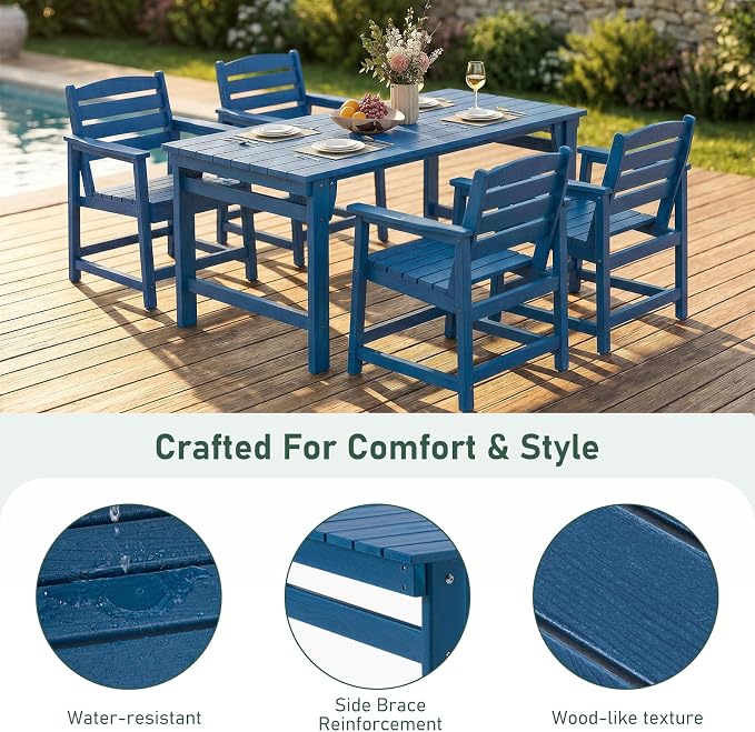 Furnimart 5-Piece Outdoor Dining Set, 67" HDPE Dining Table and Chairs for 4, All-Weather Patio Dining Set with Umbrella Hole, Outdoor Furniture Set for Backyard, Garden, Lawn & Poolside, Blue