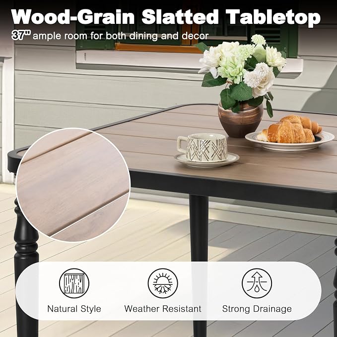 NUU GARDEN 5-Patio Piece Outdoor Dining Set,4 Textilene Swivel Chairs & 37" Square Table with Umbrella Hole and Faux Wood Tabletop, Outdoor Furniture for Porch Backyard Garden Poolside Black Brown
