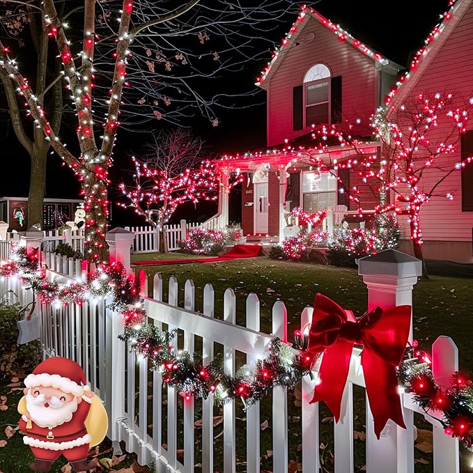 JMEXSUSS 2 Pack Solar Fairy Lights, Each 33FT 100 LED, Red and White | Outdoor Waterproof, 8 Modes Copper Wire Solar String Lights for Outside Patio Garden Yard Christmas Decorations
