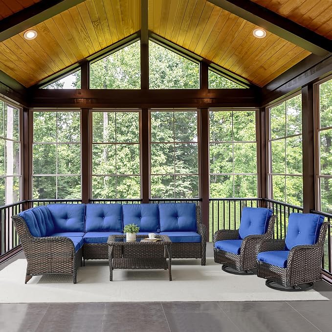 Belord Patio Furniture Set 6 Seats, Outdoor Swivel Rocker Patio Chairs, Oversized Outdoor Sectional Couch, Two 3-Seater Sofas with Coffee Table, Ideal for Porch, Deck, Brown Wicker/Blue