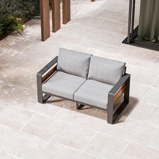 ZANDOR Aluminum Outdoor Patio Furniture, 2-Seats Without Table Patio Conversation with Washable Thick Cushions, Outdoor Sectional for Porch, Backyard, Deck, Garden & Poolside, Grey
