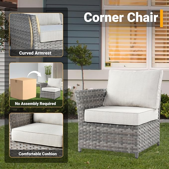 CAODOC 12 Pieces Outdoor Furniture Patio Sectional Sofa Couch Gray PE Wicker Conversation Sets with Ottomans Glass Coffee Table for Garden Poolside Backyard