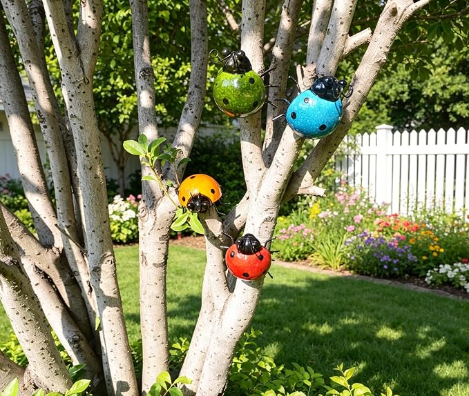 Metal Garden Wall Art Decorative Set of 4 Cute Ladybugs Outdoor Wall Sculptures