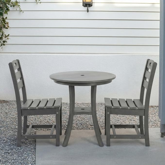 WILLIAMSPACE 29.72" 3-Piece Patio Dining Set, Outdoor All Weather HDPE Round Dining Table with Umbrella Hole & 2 Chairs, Patio Bistro Set for Backyard, Balcony, Lawn, Poolside, Kitchen (Grey)