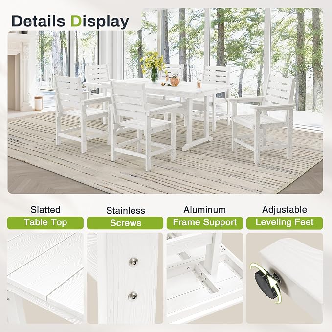 5 Piece Outdoor Dining Set, HDPS Patio Table and Chairs Set, 66" Patio Table with 1.96" Umbrella Hole & 4 Chairs, All Weather Furniture for Garden, Backyard, Poolside (White)