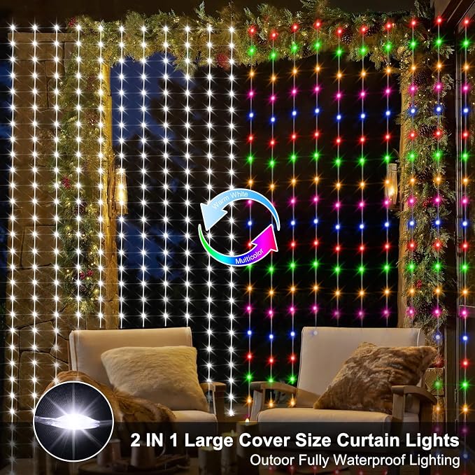 echosari 20Ft x 10Ft Large Curtain Lights Plug in, 600 LED Dual Color Changing Outdoor Curtain Lights Waterproof Connectable with Remote for Wedding Backdrop Yard Decor (Cool White & Multicolor) | 600 LED Dual Color Changing Outdoor Curtain Lights Wate...