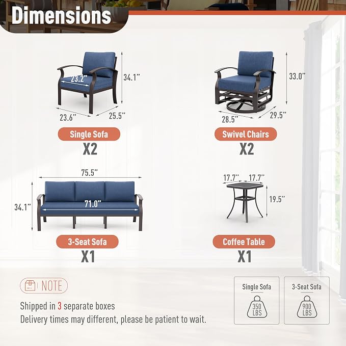 Kurapika Aluminum Patio Furniture Set 7-Seat Modern Metal Outdoor Conversation Sets w/Swivel Rocking Chairs Patio Sectional Sofa w/5.1 Inch Cushion, Navy Blue