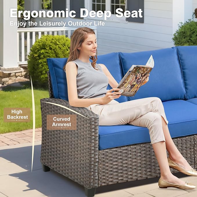ovios 6 Pieces Patio Furniture Set, Outdoor Wicker Sofa Couch with 42" Fire Pit Table Comfy Cushions, All Weather Brown Rattan Conversation Set for Backyard Deck, Navy Blue