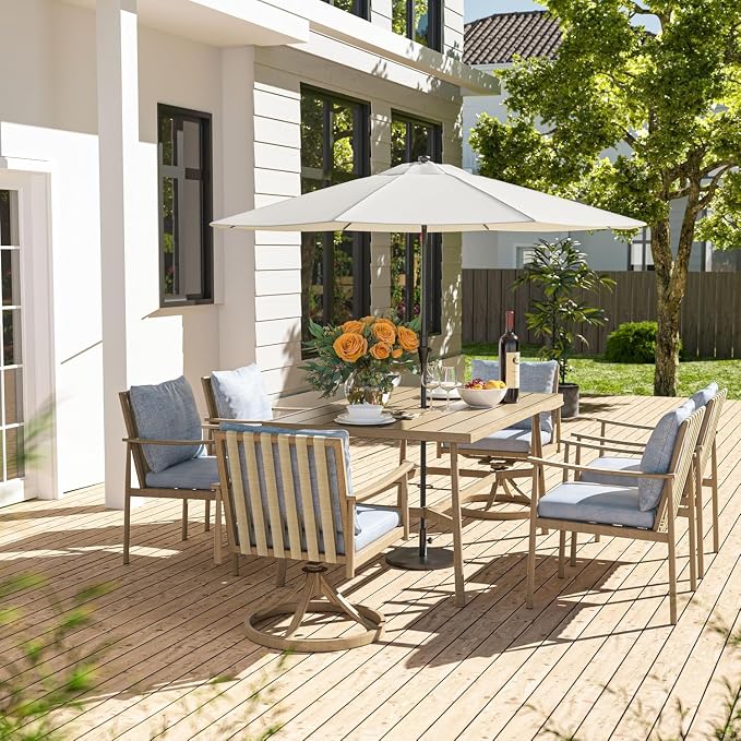 HAPPATIO 7-Piece Outdoor Dining Set for 6, Aluminum Patio Dining Set Includes 4 Dining Chairs, 2 Swivel Dining Chairs, and 1 Large Rectangular Table with Umbrella Hole, for Lawn Porch Yard, Brown