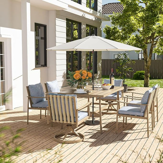 HAPPATIO 7-Piece Outdoor Dining Set for 6, Aluminum Patio Dining Set Includes 4 Dining Chairs, 2 Swivel Dining Chairs, and 1 Large Rectangular Table with Umbrella Hole, for Lawn Porch Yard, Brown