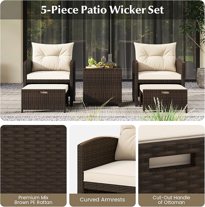 HAPPYGRILL 5-Piece Outdoor PE Rattan Conversation Set, Wicker Patio Furniture Set with Cushion, Ottoman & Coffee Table for Backyard Garden Poolside Lawn Deck Porch (Mix Brown & Off White)